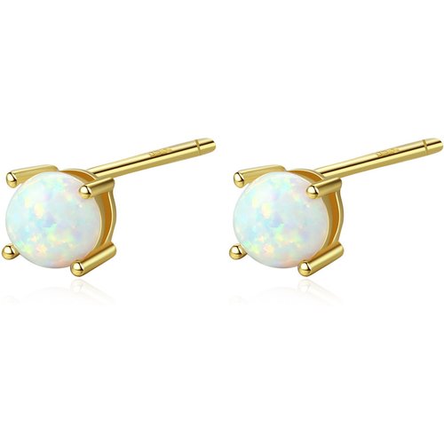 Cute Round Created Opal 925 Sterling Silver Studs Earrings