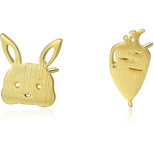 Cute Asymmetric Rabbit Carrot 925 Sterling Silver Studs Earrings