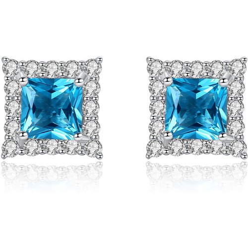 Simple Blue Square Created Gemstone 925 Sterling Silver Studs Earrings