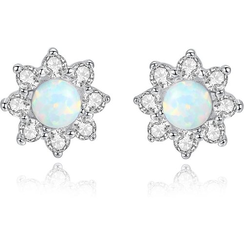 Office CZ Round Created Opal Sunflower 925 Sterling Silver Studs Earrings