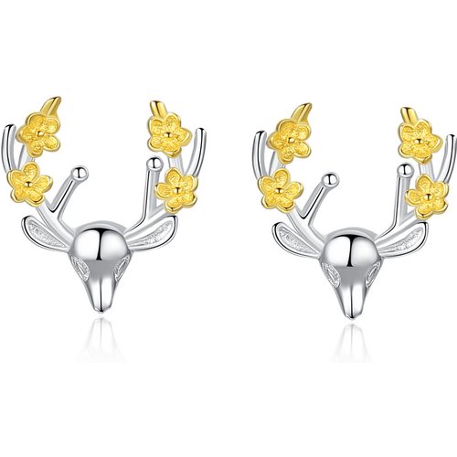 Cute Flower Elk Deer Head 925 Sterling Silver Studs Earrings