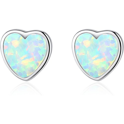 Classic Round Heart Created Opal 925 Sterling Silver Studs Earrings