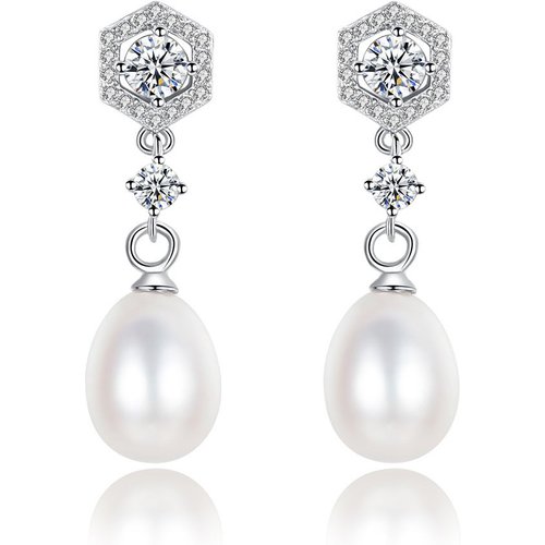 Elegant Natural Pearl CZ 925 Sterling Silver Dangling Earrings