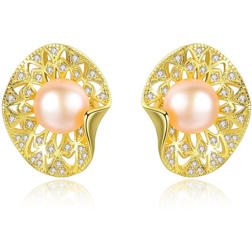 Elegant Natural Pearl CZ Lotus 925 Sterling Silver Studs Earrings