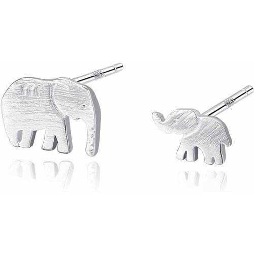 Cute Mother Child Elephant 925 Sterling Silver Brush Stud Earring