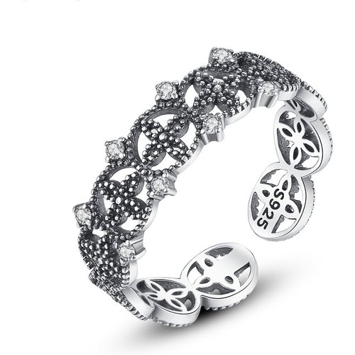 Vintage CZ Hollow Round Cross 925 Sterling Silver Adjustable Ring