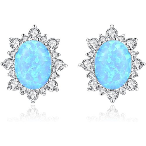 Gift Created Opal Oval CZ 925 Sterling Silver Studs Earrings