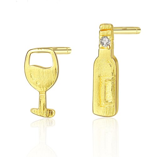 Asymmetric Wine Glass Bottle 925 Sterling Silver Studs Earrings