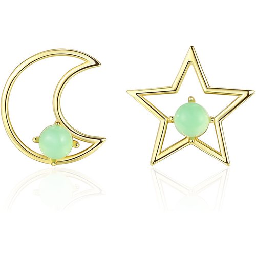 Asymmetric Created Opal Star Moon 925 Sterling Silver Studs Earrings