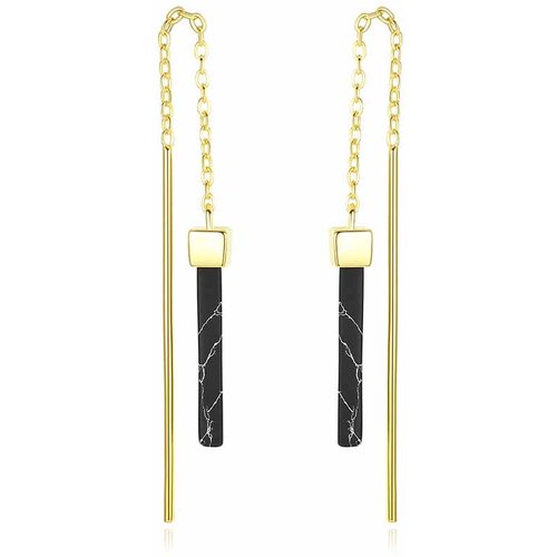 Office Geometry Created Black Obsidian 925 Sterling Silver Dangling Tassel Earrings