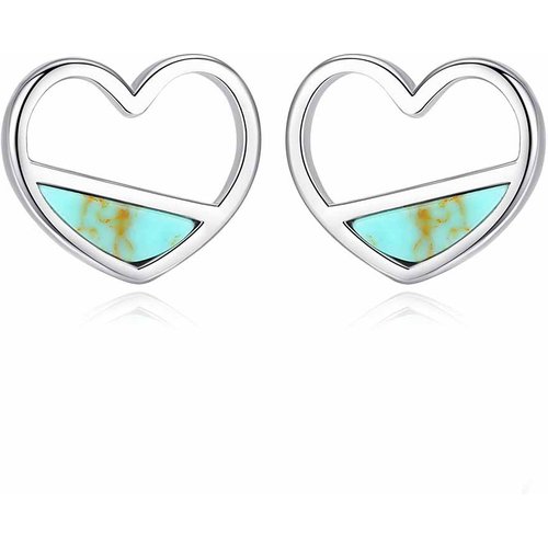 Cute Created Turquoise Hollow Heart 925 Sterling Silver Studs Earrings