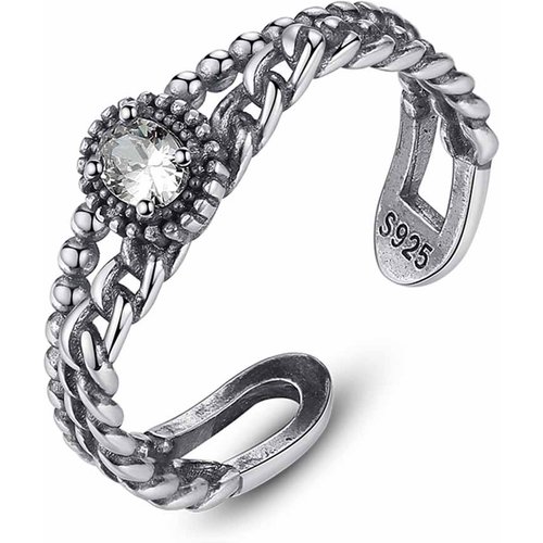 Vintage CZ Double Layer Chain 925 Sterling Silver Adjustable Ring