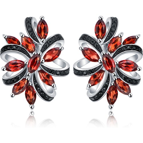 0.8ct Natural Red Garnet Sterling Silver Blooming Flower Black Studs Earrings