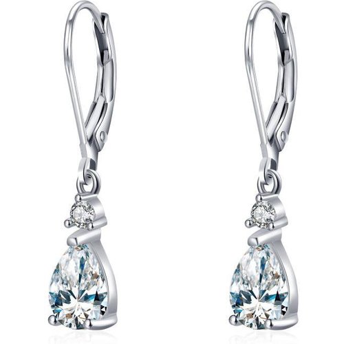 Sterling Silver Cubic Zirconia Drop Shape Lever-back Earrings