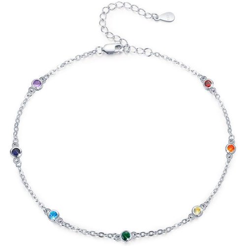 Sterling Silver Cubic Zirconia Chakras Single Layer Charm Anklet