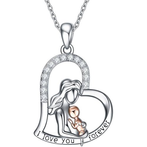 Sterling Silver Two-tone Cubic Zirconia Mother Daughter Heart Engraved Necklace for Women