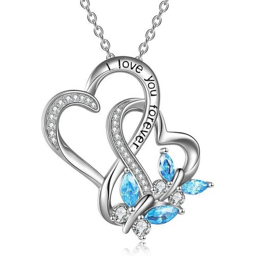 Sterling Silver Cubic Zirconia Butterfly Heart With Heart Engraved Necklace for Women