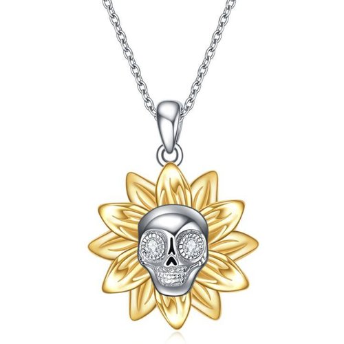 Sterling Silver Two-tone Sunflower & Skull Pendant Necklace for Women Men
