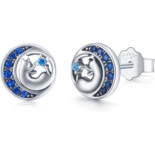 Sterling Silver Blue Cubic Zirconia Cat & Moon Circle Stud Earrings for Women