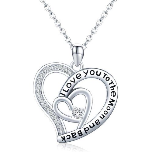 Sterling Silver Cubic Zirconia Heart Pendant Engraved Necklace for Women