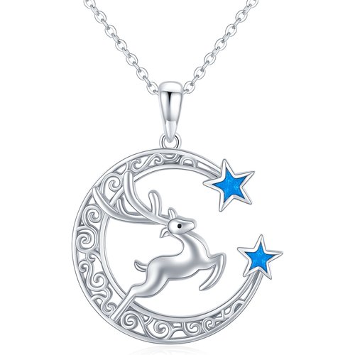 Sterling Silver Elk & Moon & Star Pendant Necklace