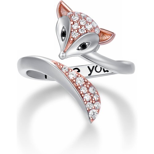 Sterling Silver Cubic Zirconia Fox Open Ring with Engraved Word