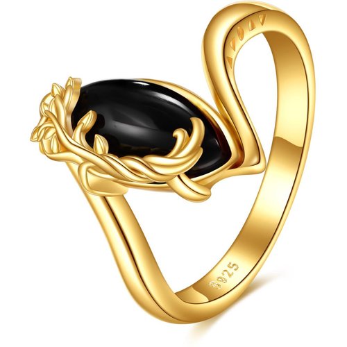 Sterling Silver with Gold Plated Oval Cut Agate Leaves Ring