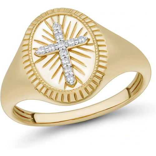 10K Gold Round Shaped Diamond Custom Cross Signet Ring I Color I2 Clarity 3EX IGI Certified