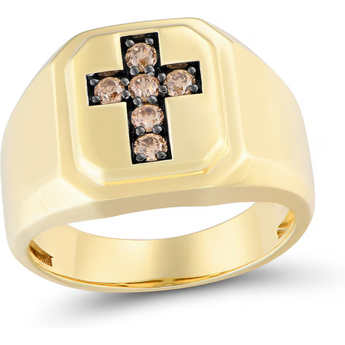 10K Gold Round Cut Diamond Cross Signet Ring for Men Champagne & M Color I2 Clarity 3EX IGI Certified