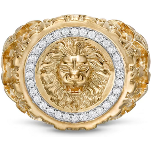 10K Gold 0.25CT.T.W. Round Diamond Custom Lion Signet Ring for Men I Color I3 Clarity 3EX