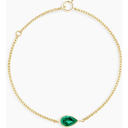 10K Gold 8 x 5 mm Pear Cut Emerald Bezel Set Cable Chain Bracelet