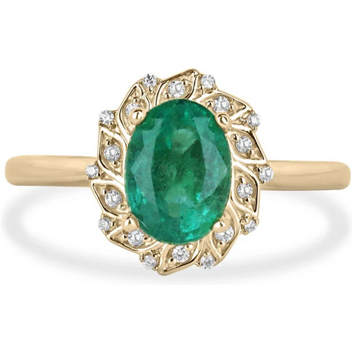 10K Gold 1.6 CT.T.W. Oval Cut Natrual Emerald & Diamond Floral Inspired Halo Engagement Band H Color VS Clarity