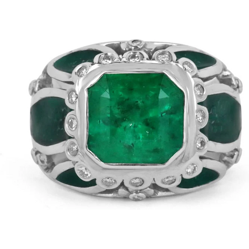 10K White Gold 4.85 CT.T.W. Asscher Cut Lab Created Diamond & Enamel Emerald Statement Cocktail Band for Men