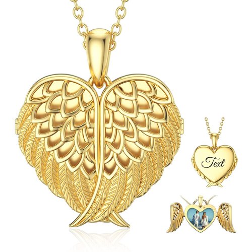 10K Gold Angel Wing Heart Personalized Engraving Photo Locket Necklace