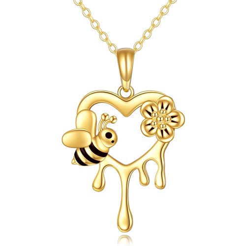 10K Gold Bee Daisy Heart Pendant Necklace For Women