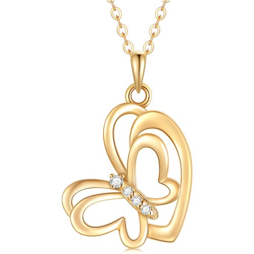 10K Gold Cubic Zirconia Butterfly & Heart Pendant Necklace