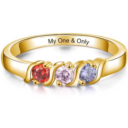10K Gold Round Cubic Zirconia Personalized Birthstone and Engraving Ring