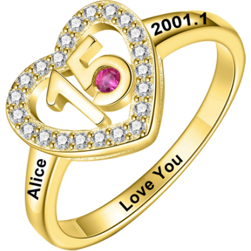 10K Gold Round Cubic Zirconia Personalized Birthstone Engraving Wedding Ring