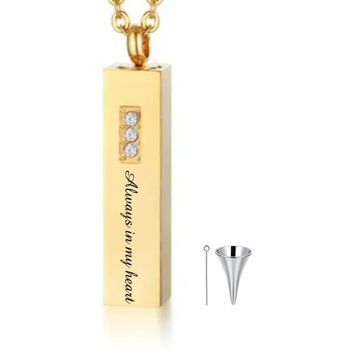 10K Gold Circular Cubic Zirconia Personalized Engraving & Bar Urn Necklace for Ashes