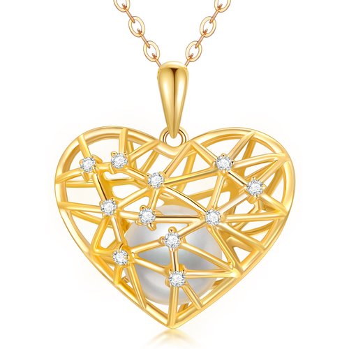 10K Gold Circular Shaped Moissanite & Pearl Heart Pendant Necklace