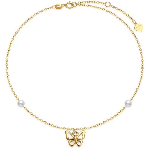 10K Gold Circular Shaped Pearl Butterfly Charm Bracelet