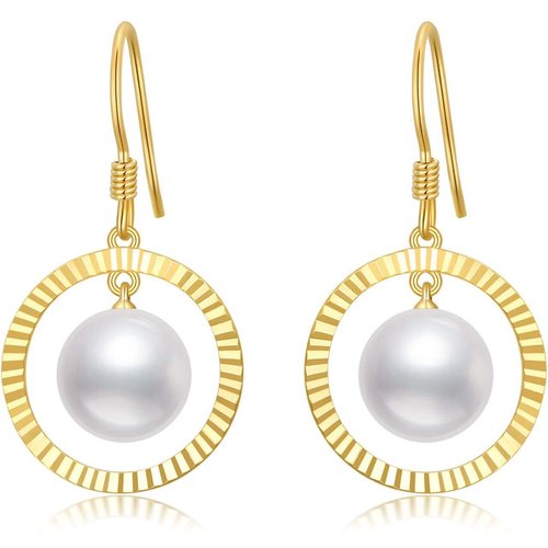 10K Gold Circular Shaped Pearl Circle Drop Earrings