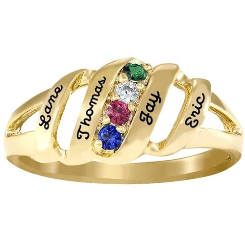 10K Gold Round Cubic Zirconia Personalized Birthstone Engraving Ring For Women