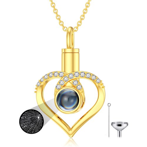 10K Gold Circular Shaped Cubic Zirconia Personalized Projection & Heart Urn Necklace for Ashes
