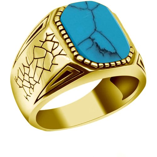 10K Gold Round Shaped Turquoise Personalized Engraving Ring for Men