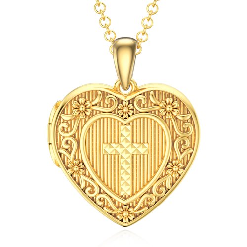 10K Gold Cross & Heart Personalized Photo Locket Necklace