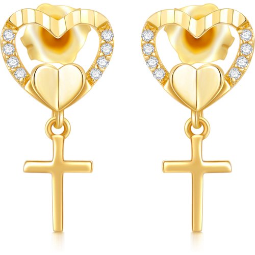 10K Gold Cross & Heart Stud Earrings