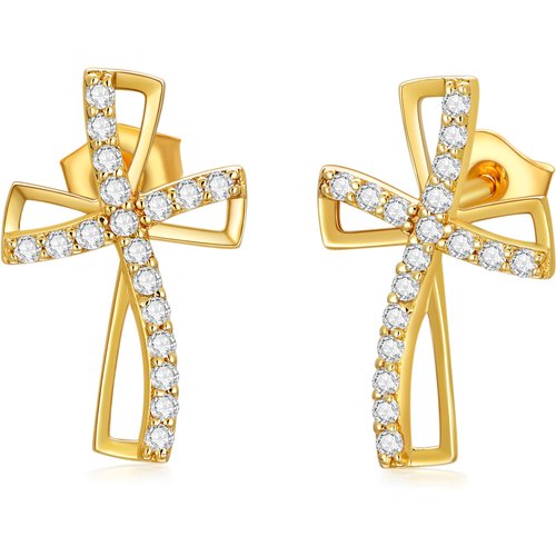 10K Gold Cubic Zirconia Cross Stud Earrings