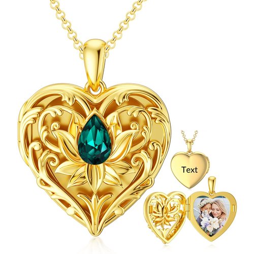 Sterling Silver With Yellow Gold Plated Crystal Engraving Lotus Heart Personalised Photo Locket Necklace For Women