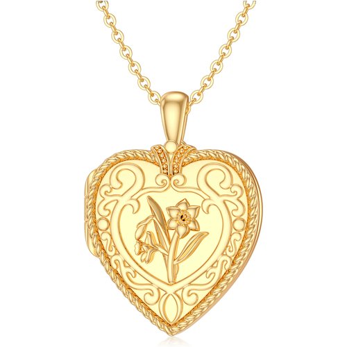 10K Gold Daffodil & Heart Personalized Photo Locket Necklace